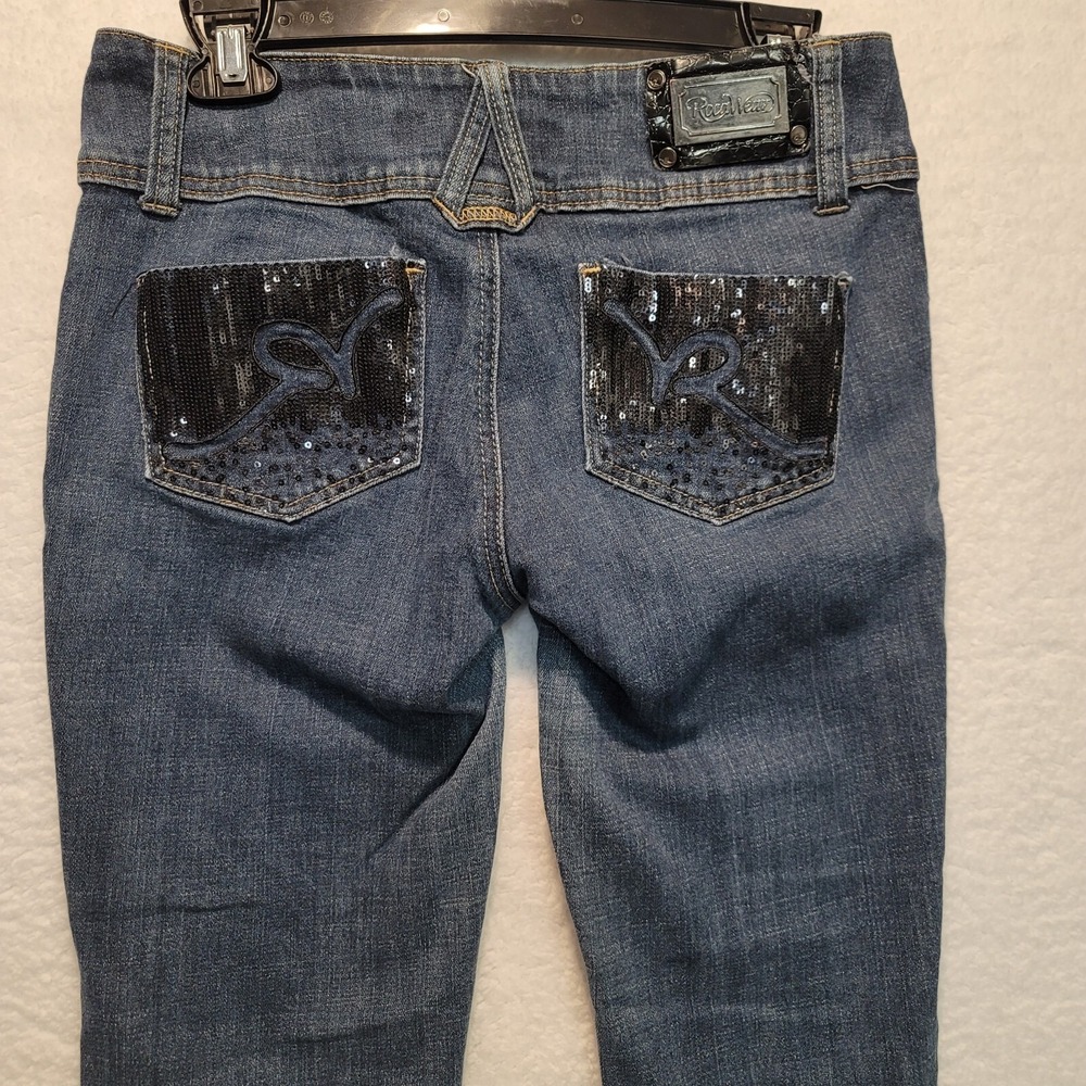 Womens Rocawear Stretchy Jeans Size 7 Low Rise Sequin Pockets Crossover Front